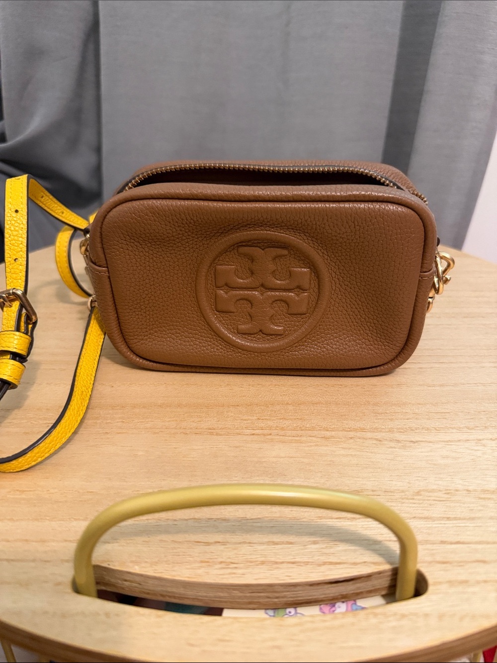 Tory Burch Brown Pebbled Leather Belt Bag with Yellow Strap